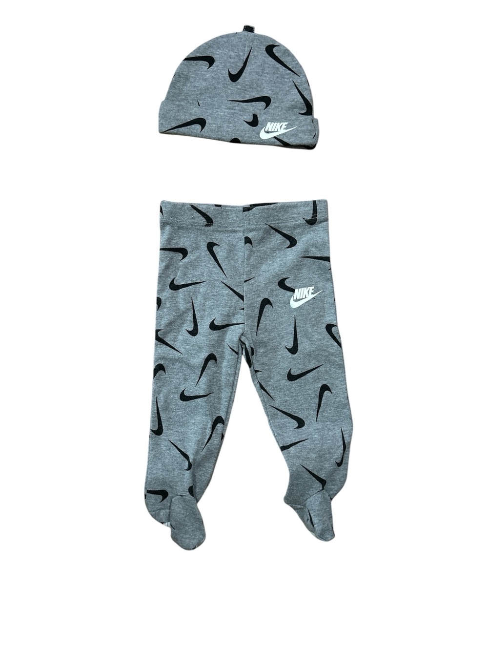 Nike Grey Baby Footed Leggings & Beanie Set with Black Swoosh Print